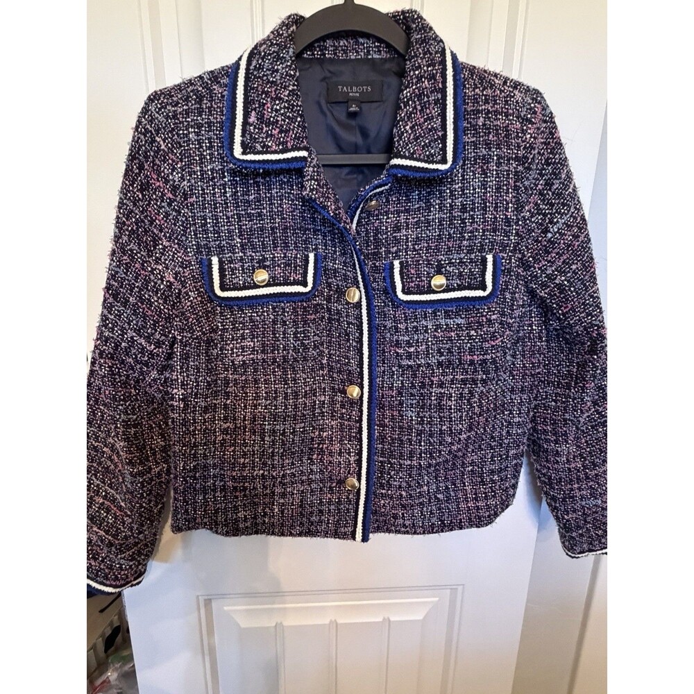 Talbots Petite 8P Tweed Jacket Navy Pink Gold Buttons Contrast Trim Blazer